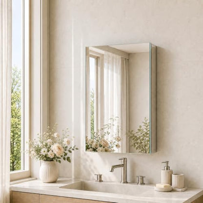 20 x 26 Aluminum Medicine Cabinet Mirror, Moisture & Rust Resistant Bathroom Wall Cabinet with Mirror, Recessed or Surface Mount with Adjustable Shelves, Tempered Glass & Soft Close Hinges - size: 26"L x 20"W