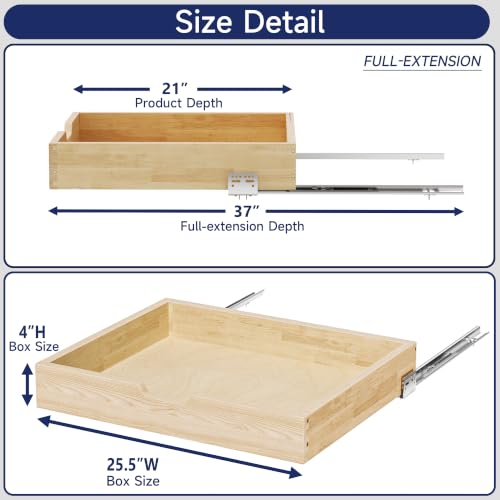 Pull Out Cabinet Organizer, 25.5 in W x 21 in D Solid Wood Slide Out Drawer, Soft Close Sliding Shelf, Bottom or Side Mount for Kitchen Pantry Bathroom, Fits 26.5 in Cabinet Opening - size: 25½” W × 4"H x 21” D