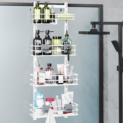 Orimade Over The Door Shower Caddy Adjustable 4 Tier White,Bathroom Hanging Organizer Shelf Rustproof with 4 Hooks,Shower Basket with Soap Holder and Suction Cup - color: White-4T