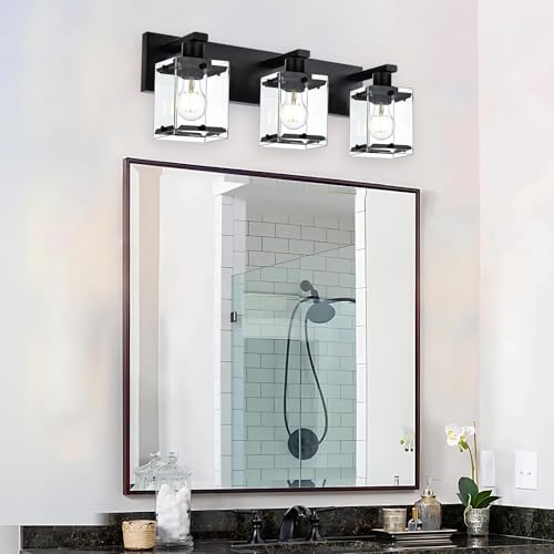 3-Light Black Bathroom Light Fixture Over Mirror, Vanity Wall Lighting with Rectangular Clear Glass, E26 Bulb Base - color: Black, Clear Glass, size: 3-Lights