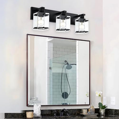 3-Light Black Bathroom Light Fixture Over Mirror, Vanity Wall Lighting with Rectangular Clear Glass, E26 Bulb Base - color: Black, Clear Glass, size: 3-Lights