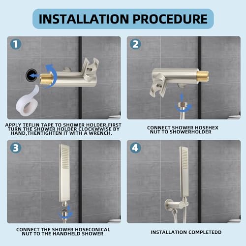 Solid Brass Handheld Shower Head Arc Design High Pressure Brushed Nickel Hand Shower Wand with Adjustable Supply Elbow Wall Connector Shower Holder and 59″ Stainless Steel Hose Set - color: Brushed Nickel