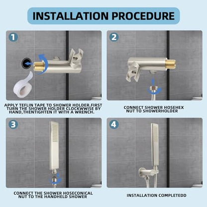 Solid Brass Handheld Shower Head Arc Design High Pressure Brushed Nickel Hand Shower Wand with Adjustable Supply Elbow Wall Connector Shower Holder and 59″ Stainless Steel Hose Set - color: Brushed Nickel