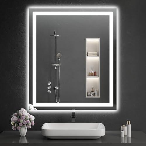 LED Bathroom Mirrors 36"x40" Bathroom Mirror with Lights for Wall, Backlit + Front Lit, 3 Colors, Anti-Fog, Dimmable Brightness for Vanity,Bathroom, Entryway, Living Room - size: 40"L x 36"W