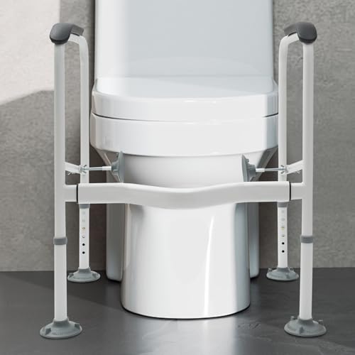 Toilet Rails for Bathroom, Stand Alone Toilet Handrail Frame with Adjustable Height, Medical Frame for Elderly Handicap, 300lbs Capacity Toilet Support Rail with Padded Handles