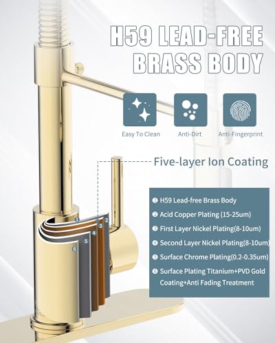 Gold Kitchen Faucet with Soap Dispenser, Pull Down Kitchen Faucet with Sprayer, Single Handle Kitchen Sink Faucet with Dual Function Spray Head, Camper Laundry RV Faucet,PVD - color: D-PVD Gold, style: Contemporary