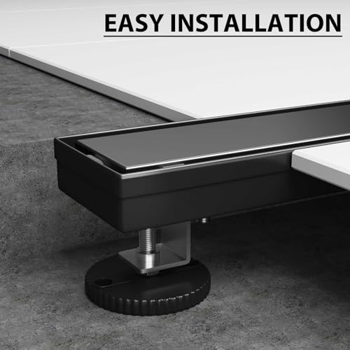 SaniteModar 24 inch Linear Shower Drain Matte Black with Tile Insert Grate | AISI 304 Stainless Steel Brushed Shower Floor Drain Rectangle Linear Drain with Hair Fliter and Adjustable Feet - color: Matte Black, size: 24 inch