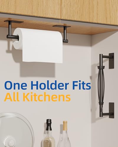 RUACQ Paper Towel Holder Under Cabinet, One Hand Tearing Paper Towel Holder with Damping Effect, Wall Mount & Adhesive Stainless Steel Paper Roll Holder for Kitchen Bathroom (Matte Black) - color: Matte Black, size: One Hand Tear - Rectangle