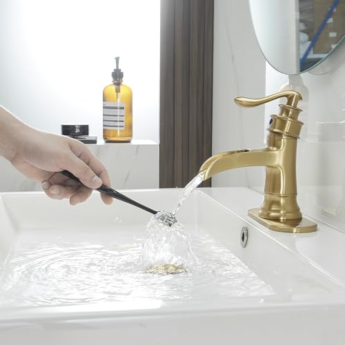 BWE Solid Brass Brushed Gold Waterfall Bathroom Faucet for Modern & Classic | Wide Waterfall Spout, Ceramic Cartridge, Fits 1 or 3-Hole Sink, Single Handle, Hardware Kit Included, Not for Vessel Sink - color: Brass Gold