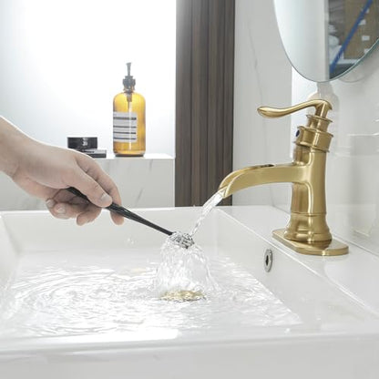 BWE Solid Brass Brushed Gold Waterfall Bathroom Faucet for Modern & Classic | Wide Waterfall Spout, Ceramic Cartridge, Fits 1 or 3-Hole Sink, Single Handle, Hardware Kit Included, Not for Vessel Sink - color: Brass Gold