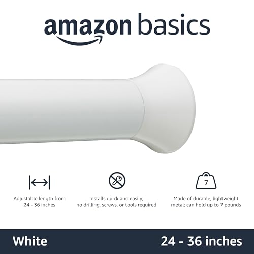 Amazon Basics No Drill Spring Tension Curtain Rod, Adjustable 24-36" Width, White, Classic Finial - color: White, size: 24-36"