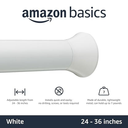 Amazon Basics No Drill Spring Tension Curtain Rod, Adjustable 24-36" Width, White, Classic Finial - color: White, size: 24-36"