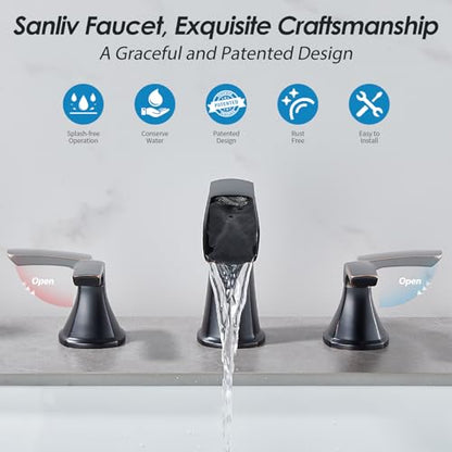 Oil Rubbed Bronze Waterfall Bathroom Faucet, Sanliv 3-Piece Widespread Bathroom Sink Faucets, 2-Handle Bronze Vanity Faucet for 3-Hole Sinks 4-8 Inch with Pop-Up Drain (ORB) - color: Oil Rubbed Bronze