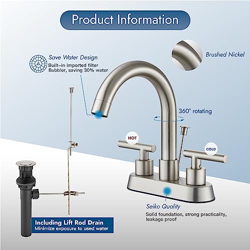 Bathroom Faucet with Lift Rod Drain,4 Inch Centerset 3 Hole,Brushed Nickel | Two Handle Lead-Free SUS304 Stainless Steel Bathroom Sink Faucet with Lift Rod Drain & Supply Lines for RV & Farmhouse - color: Brushed Nickel