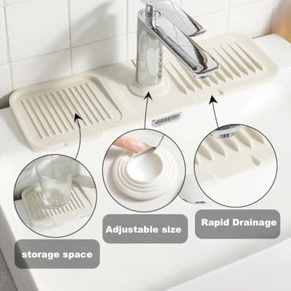 Kitchen Silicone Sink Splash Guard, 5° Slope Type Design Sink Mat,Sink Faucet Handle Drip Catcher Tray Mat Protectors,Sponge Holder and Bathroom Countertop Protect(include 1pcs extra storage mat)