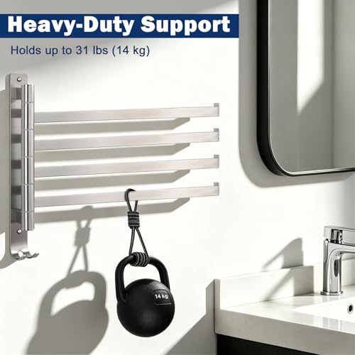 NearMoon Swivel Towel Rack, 13.8" Thicken 304 Stainless Steel 4-Arm Towel Bar, Space Saving Wall Mounted Towel Holder with Hook, Rustproof Swing Out Towel Hanger for Bathroom, Square (Brushed Nickel) - color: Brushed Nickel, size: 13.8 Inch-Squ