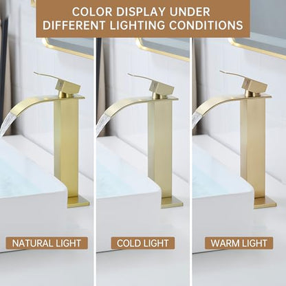 Tall Vessel Sink Faucet Brushed Gold Faucet for Bathroom Sink Tall Waterfall Bathroom Faucet Single Handle 1 or 3 Hole Wash with Pop-up Drain - color: Brushed Gold