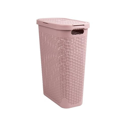 Mind Reader Slim Laundry Hamper with Lid, 40L Clothes Basket, Narrow Tapered Design with Ventilated Cutout Pattern, Plastic, Pink - color: Pink, size: Single