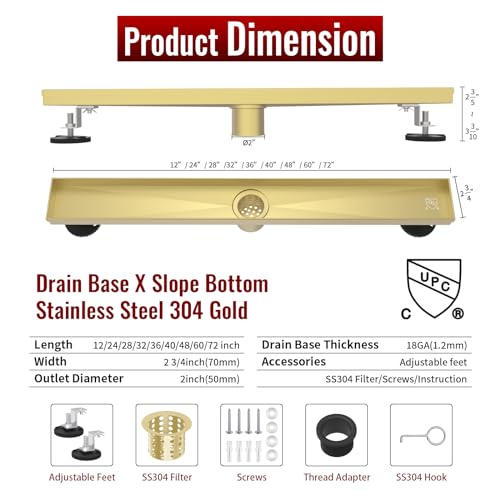 Linear Shower Drain, 32 inch Brushed Gold | Including Hair Catcher and Removable Grate, 304 Stainless Steel, Easy to Install and Clean (Drain Base Not Included) - color: Brushed Gold, size: 32 inch