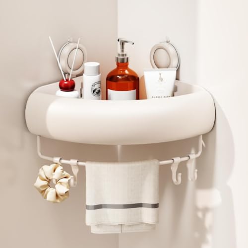 CICUFY Shower Caddy Suction Cup, 1 Pack No Drilling Corner Shower Shelves, Rust Proof Bathroom Storage Organizer, Shower Corner Caddy with Removable Hooks and Towel Bar, Triangle, Cream - style: Triangle Cream (1 Pack )