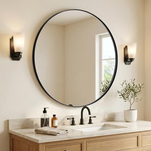 ANDY STAR Round Black Mirror for Bathroom, 40" Large Bathroom Mirrors for Over Sink, Anti-Rust Modern Wall Mirror,1 Inch Deep Set Design, Heavy Duty, 4MM HD Glass, 9MM Thicker Backboard - color: Black, size: 40"L x 40"W