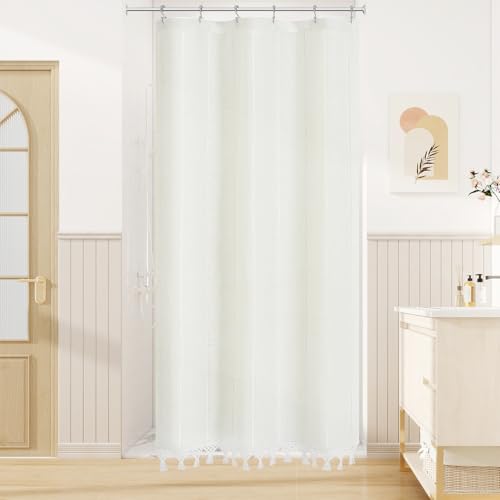 Small Stall Linen Farmhouse Shower Curtain with Tassel, Modern Boho French Country Chic Bathroom Shower Curtain Set with PEVA Liner, Cotton Luxury Fabric Shower Curtain 36x72 - White - color: White, size: 36"W x 72"L (Pack of 1)