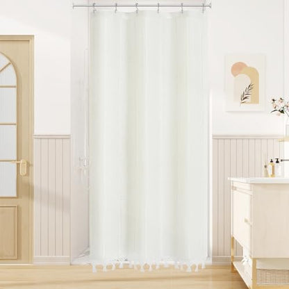 Small Stall Linen Farmhouse Shower Curtain with Tassel, Modern Boho French Country Chic Bathroom Shower Curtain Set with PEVA Liner, Cotton Luxury Fabric Shower Curtain 36x72 - White - color: White, size: 36"W x 72"L (Pack of 1)