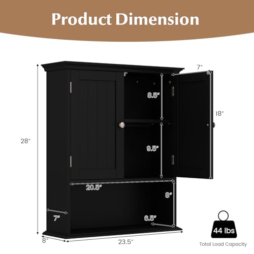 Bathroom Wall Cabinet, Over the Toilet Storage Cabinet with 2 Doors, 3 Heights Adjustable Shelf & Open Shelf, Wooden Hanging Medicine Cabinet for Bathroom, Kitchen, Living & Laundry Room, Black - color: Black