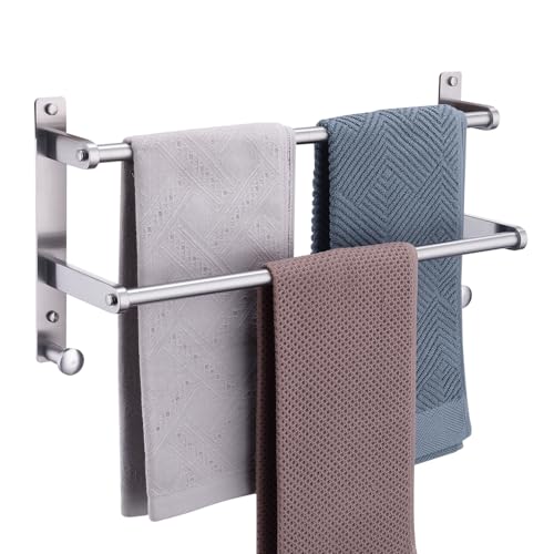 Double Towel Bar with Hooks for Bathroom - 18 Inch Brushed Stainless Steel Towel Rack, Wall Mounted Towel Rails