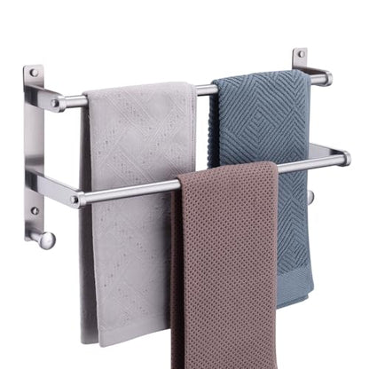 Double Towel Bar with Hooks for Bathroom - 18 Inch Brushed Stainless Steel Towel Rack, Wall Mounted Towel Rails