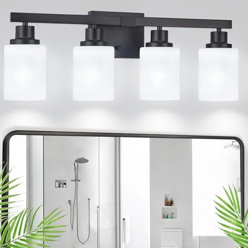 Bathroom Light Fixtures, 4-Light Matte Black Bathroom Vanity Lights with Milky White Glass Shade, Bathroom Lights Over Mirror Wall Lamp Sconces for Mirror Bedroom, Living Room Hallway - color: Black, size: 4-Light