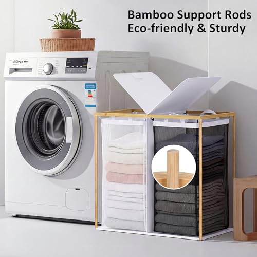 efluky Laundry Hamper with Lid, Double Laundry Basket with 2 Removable Bags, 2 Section Laundry Bin with Bamboo Handles for Bathroom, Bedroom & Laundry Room, 140L (36.9 Gallon) White - color: White, size: 140L Dual