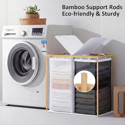 efluky Laundry Hamper with Lid, Double Laundry Basket with 2 Removable Bags, 2 Section Laundry Bin with Bamboo Handles for Bathroom, Bedroom & Laundry Room, 140L (36.9 Gallon) White - color: White, size: 140L Dual