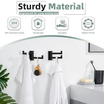 Aomasi Matte Black Rotating Double Towel Hooks 2 Pack, 304 Stainless Steel Swivel Wall Hooks with 2 Arms, Space Saving Towel Hangers for Bathroom Kitchen - color: Matte Black, size: 2 Pack