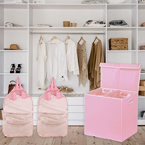 Simple Houseware Double Laundry Hamper with Lid & Removable Bags, Pink | Heavy Duty 600D Polyester, Water-Resistant Surface - color: Pink
