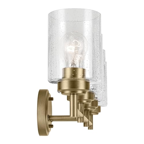 Kichler Winslow 4-Light Farmhouse Vanity Light, Natural Brass | Clear seeded glass vanity light with industrial styling (30" x 9.25" x 6.5"), 45887NBR - color: Natural Brass, size: 30"