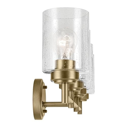 Kichler Winslow 4-Light Farmhouse Vanity Light, Natural Brass | Clear seeded glass vanity light with industrial styling (30" x 9.25" x 6.5"), 45887NBR - color: Natural Brass, size: 30"