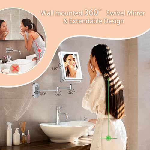 FASCINATE 8.7" 4500mAh Rechargeable Wall Mounted Makeup Mirror (Chrome) | Double Sided 1X 30X Rectangle Wall Mounted Magnifying Mirror with Light, 3 Color Setting, Extended Arm 360° Foldable - color: Chrome a