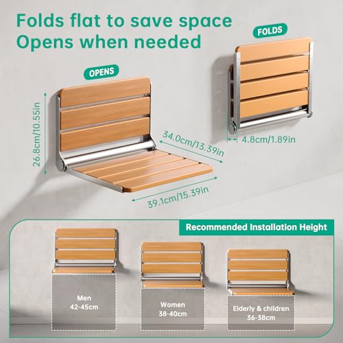 16" Wall Mounted Folding Shower Seat Bench - Heavy Duty 400lb Capacity, ADA Compliant Teak & Stainless Steel Shower Chair for Elderly, Disabled, Bathroom Safety - size: 16 inch