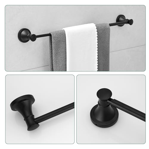Hoimpro Matte Black 4-Piece Bathroom Bath Set, Wall Mount Bathroom Hardware Fixture (Adjustable Towel Bar Rack, Towel Ring Holder, Paper Towel Holder, Double Towel Hook), Bathroom Accessories - color: Matte Black