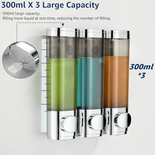 Pollock Shampoo and Conditioner Dispenser Wall Mounted | Shower Soap Dispenser 2 Chamber No Drill, Shampoo Dispenser for Shower, Body Wash Dispenser for Bathroom, Large Capacity - color: Silver Dg3 Chamber