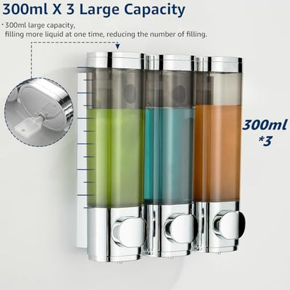 Pollock Shampoo and Conditioner Dispenser Wall Mounted | Shower Soap Dispenser 2 Chamber No Drill, Shampoo Dispenser for Shower, Body Wash Dispenser for Bathroom, Large Capacity - color: Silver Dg3 Chamber