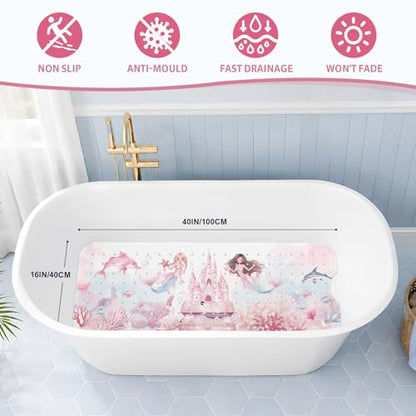 Baby Bath Mat for Tub Non Slip Kids, BPA Free Extra Long Bathtub Mat 40x16 with Drain Holes and 200 Suction Cups, Non Toxic Machine Washable Toddler Bath Mat, Eco-Friendly Certified - color: V-mermaid