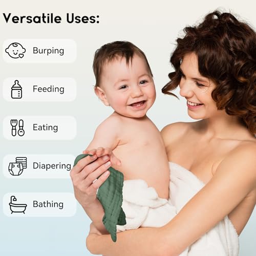 Unnivoll Muslin Burp Cloths Baby 12''X12'', Baby Washcloths 6 Pack, 100% Cotton Baby Wash Cloths Absorbent and Soft for Newborn Infants Kids Boys Girls - Gradient Green - color: Gradient Green