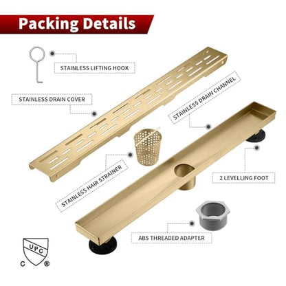 Sharp-tec Linear Shower Drain, 36 inch Shower Drain with Removable Pattern Cover, Brushed Gold 304 Stainless Steel Rectangle Floor Drain, Adjustable Feet and Hair Strainer Included (Model 101) - color: Gold, size: 36 inch
