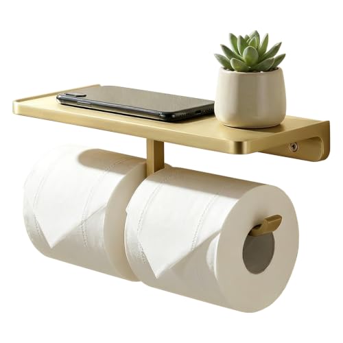 TRUSTMI Brushed Gold Dual Roll Toilet Paper Holder with Phone Shelf | Solid zinc alloy holder holds 11 lbs and fits jumbo Kirkland rolls. Shelf stores phones for bathroom organization. - color: Brushed Gold, size: 10.2" x 4.3"