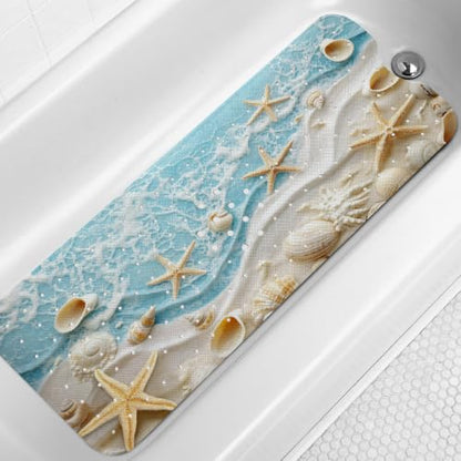 LNOND Summer Beach Bathtub Mat Non Slip, 40 X 16 Inch Tub Mat for Bathroom, Starfish and Seashells Bath Tub Shower Mat with Drain Holes and Suction Cups - color: Starfish and Seashells Bathtub Mat