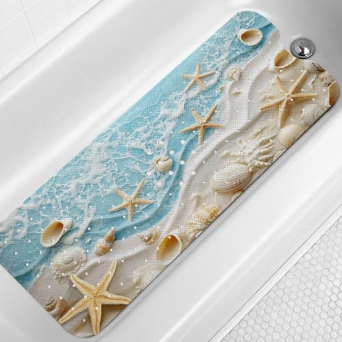 LNOND Summer Beach Bathtub Mat Non Slip, 40 X 16 Inch Tub Mat for Bathroom, Starfish and Seashells Bath Tub Shower Mat with Drain Holes and Suction Cups - color: Starfish and Seashells Bathtub Mat