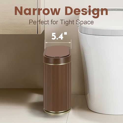 ELPHECO Bathroom Trash Can with Lid, 2 Gallon, Automatic Lid, Brown Gold | Motion Sensor Garbage Can, Slim Plastic Wastebasket, Smart Trash Bin for Bedroom, Bathroom and Office - color: Brown Gold