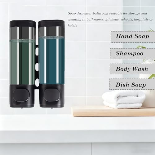 2-Chamber 10oz/300ML Black Plastic Hand Wall Mounted Soap Dispensers | Refillable Shampoo Conditioner Shower Dispenser No Drill, Clear Manual Pump Dispenser for Bathroom Hotel Kitchen - color: 2-chamber Black